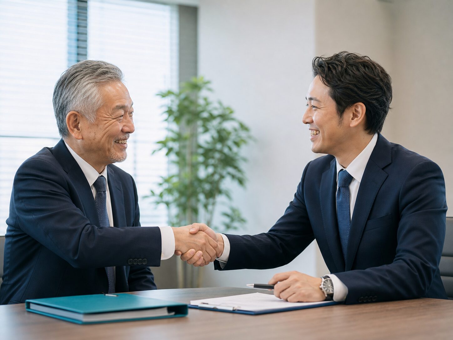 企業オーナーとアドバイザーが握手するイメージ